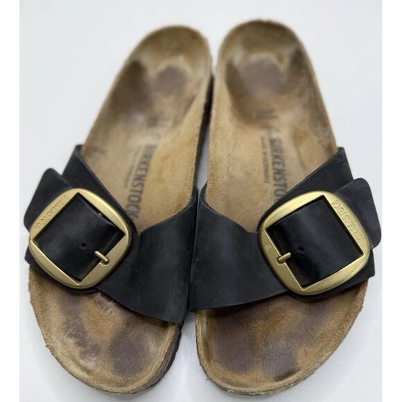 Birkenstock Madrid Big Buckle Black Leather Slide Sandals Size 41 - Picture 2 of 11